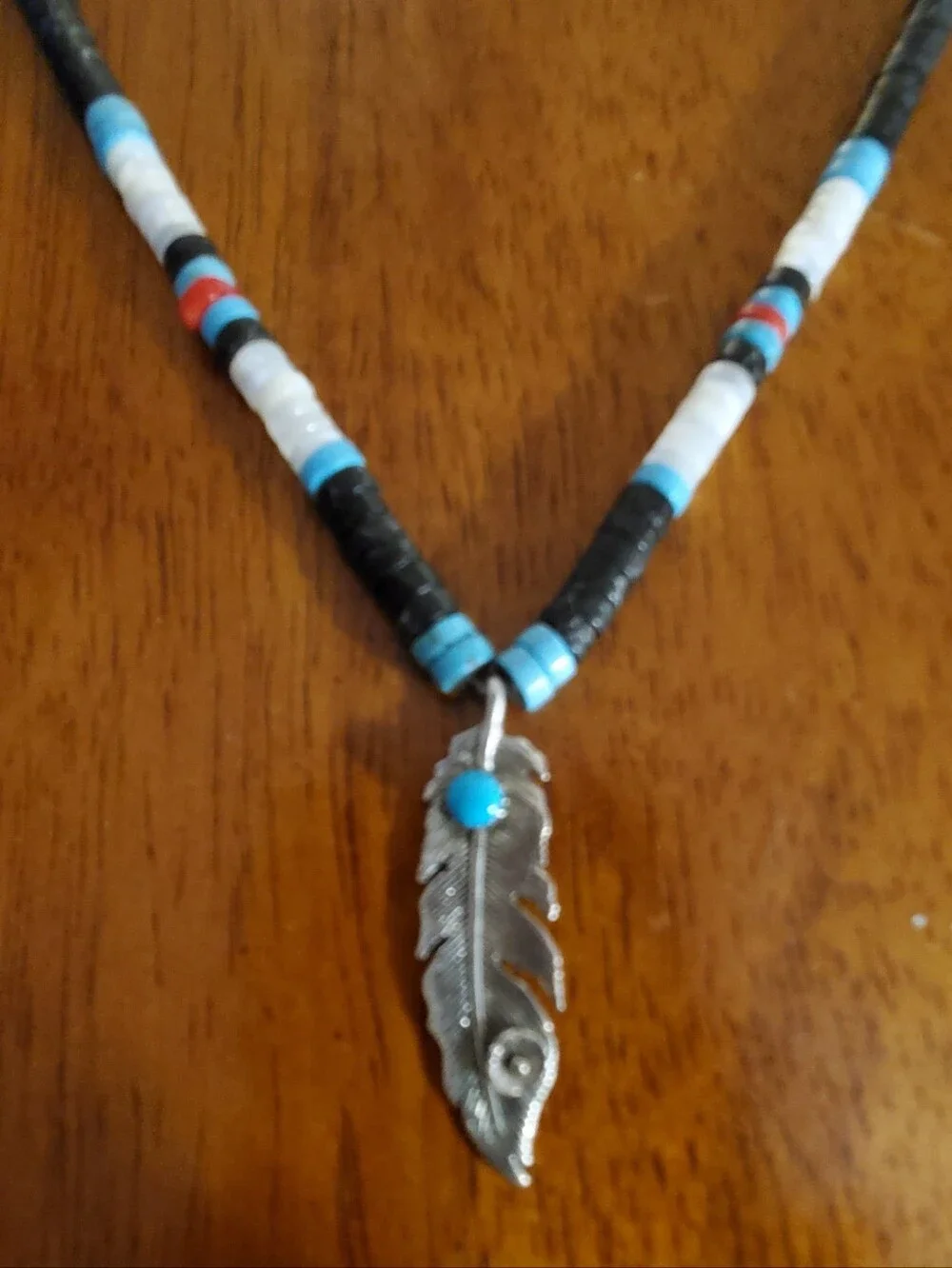 Native American Turquoise Heishi Bead Necklace Sterling Silver Pendant Signed FP